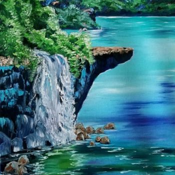 Painting titled ""Waterfall"" by Vera Iurchenko, Original Artwork, Oil Mounted on Wood Panel