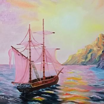 Painting titled ""A ship with pink s…" by Vera Iurchenko, Original Artwork, Oil Mounted on Wood Stretcher frame