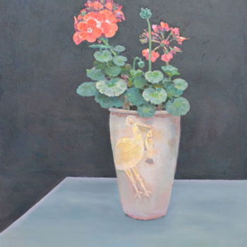 Painting titled "Begonia on the Table" by Chunlei Ni, Original Artwork, Oil