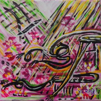 Schilderij getiteld "Chaises au jardin" door Verad, Origineel Kunstwerk, Acryl Gemonteerd op Frame voor houten brancard