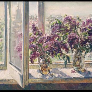 Schilderij getiteld "Lilacs at the window" door Vera Lagutenkova, Origineel Kunstwerk