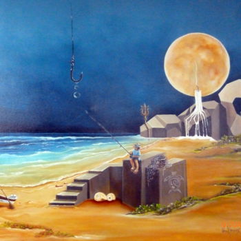 Painting titled "ESTÓRIA DE PESCADOR" by Vera Marques, Original Artwork, Oil