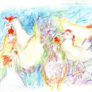 Картина под названием "Hühnerhof / chicken…" - Verena Bolliger, Подлинное произведение искусства, Цветные карандаши