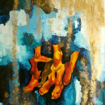 Painting titled "Les pieds rouges" by Vero Becker, Original Artwork, Oil Mounted on Wood Stretcher frame