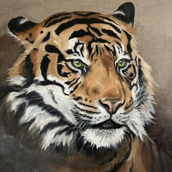 Painting titled "Tigre - Jules" by Véro Blaise, Original Artwork, Oil Mounted on Wood Stretcher frame