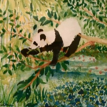 Pittura intitolato "Panda dans le jardi…" da Victoria, Opera d'arte originale, Acquarello
