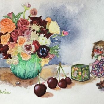 Peinture intitulée "Bouquet et cube en…" par Victoria, Œuvre d'art originale, Aquarelle