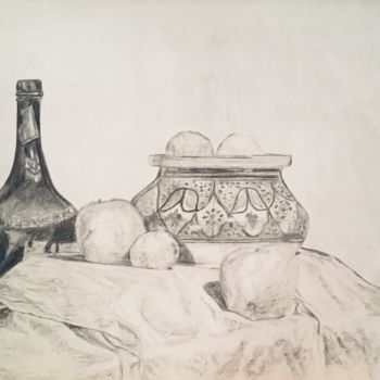 Dibujo titulada "Pommes et Porto" por Victoria, Obra de arte original, Lápiz
