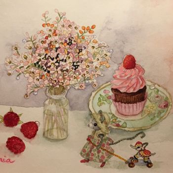 Painting titled "Souris et cupcake" by Victoria, Original Artwork, Watercolor
