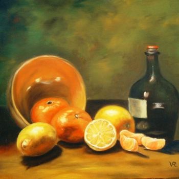 Painting titled "Mandarinas y limones" by Verónica Rodríguez, Original Artwork, Oil