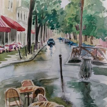 Painting titled "La pluie dans ma rue" by Veronica Toumanova, Original Artwork, Watercolor