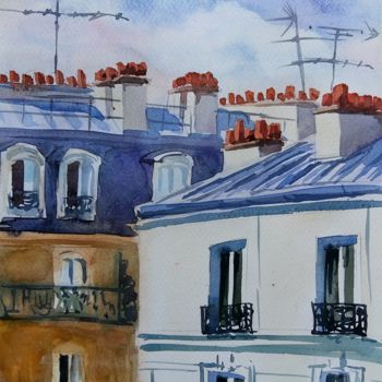 Painting titled "Les toits bleus" by Veronica Toumanova, Original Artwork, Watercolor