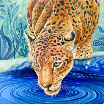 Painting titled "Leopard by the Wate…" by Veronika Primas, Original Artwork, Oil