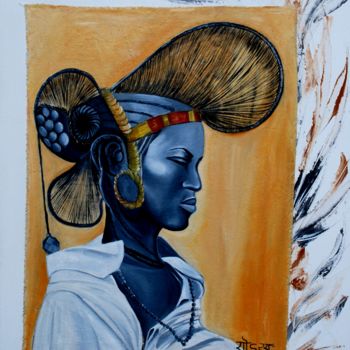 Peinture intitulée ""Jeune fille Peule"" par Soham, Œuvre d'art originale, Huile