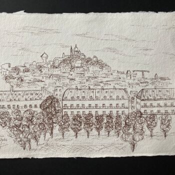 Dibujo titulada "Vue sur Montmartre…" por Véronique Crombé, Obra de arte original, Tinta