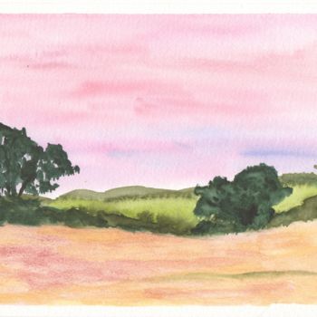 Painting titled "Sunset on the hills…" by Véronique Crombé, Original Artwork, Watercolor