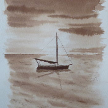 Painting titled "Lone boat on a Devo…" by Véronique Crombé, Original Artwork, Ink