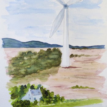 Malerei mit dem Titel "Wind turbine at Cno…" von Véronique Crombé, Original-Kunstwerk, Aquarell