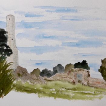 Painting titled "The round tower in…" by Véronique Crombé, Original Artwork, Watercolor