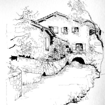Drawing titled "Moulin de Bassilour" by Veronique Gaudin, Original Artwork, Ink