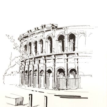 Dessin intitulée "Les arènes de Nîmes" par Veronique Gaudin, Œuvre d'art originale, Encre
