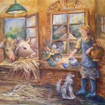 Pintura titulada "La ferme" por Veronique Labadie Layton, Obra de arte original, Oleo Montado en Bastidor de camilla de made…