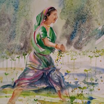 Peinture intitulée "Indienne verte" par Veronique Labadie Layton, Œuvre d'art originale, Aquarelle