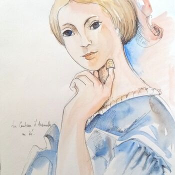 Peinture intitulée "Dame au dé démodée" par Veronique Labadie Layton, Œuvre d'art originale, Aquarelle