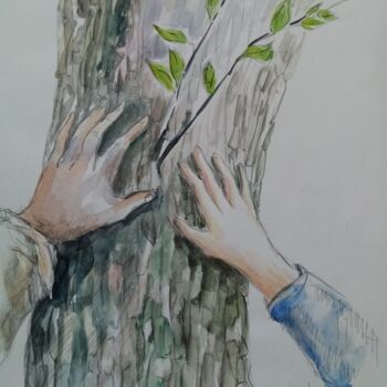 Peinture intitulée "Mains sur l arbre" par Veronique Labadie Layton, Œuvre d'art originale, Aquarelle