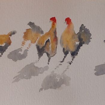 Pintura titulada "Les 7 poules" por Véronique Lauron, Obra de arte original, Acuarela