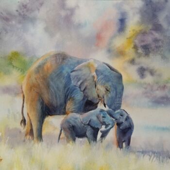 Pintura intitulada "Eléphants" por Véronique Le Forestier, Obras de arte originais, Aquarela