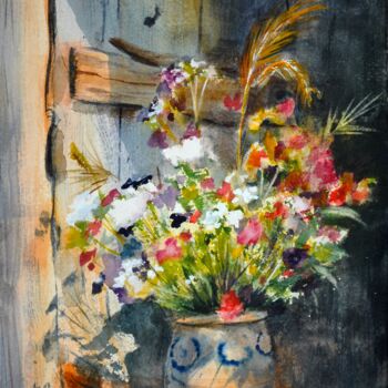 Painting titled "Fleurs à la fenêtre" by Véronique Le Forestier, Original Artwork, Watercolor