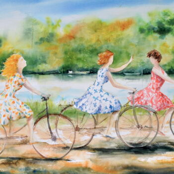 Painting titled "A bicyclette" by Véronique Le Forestier, Original Artwork, Watercolor