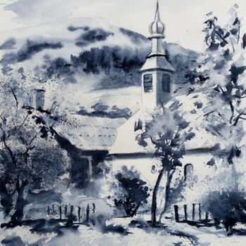 Pintura intitulada "Petite église dans…" por Véronique Le Forestier, Obras de arte originais, Aquarela