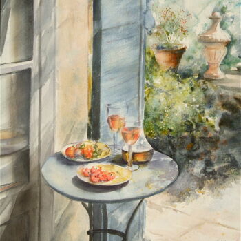 Peinture intitulée "Apéritif-Table au j…" par Véronique Le Forestier, Œuvre d'art originale, Aquarelle