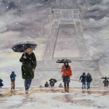 Malarstwo zatytułowany „Au Trocadero neige” autorstwa Véronique Le Forestier, Oryginalna praca, Akwarela