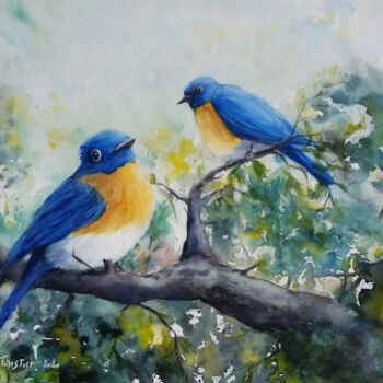 Painting titled "Deux oiseaux bleus…" by Véronique Le Forestier, Original Artwork, Watercolor