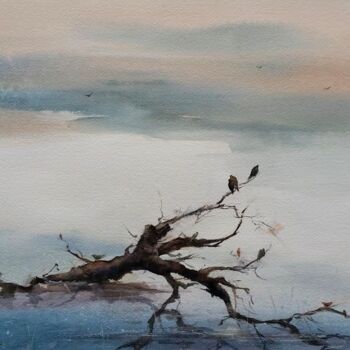 Pintura intitulada "Oiseaux sur un tronc" por Véronique Le Forestier, Obras de arte originais, Aquarela