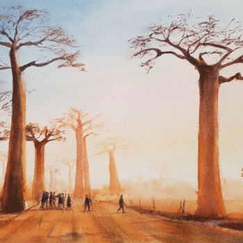 Pintura intitulada "Baobabs" por Véronique Le Forestier, Obras de arte originais, Aquarela