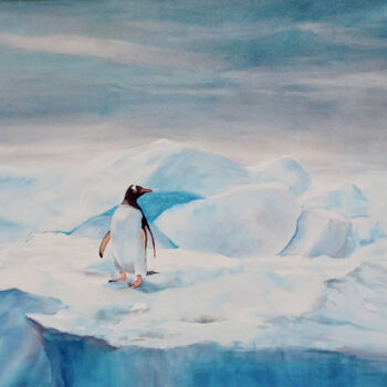 Peinture intitulée "Manchot seul sur la…" par Véronique Le Forestier, Œuvre d'art originale, Aquarelle