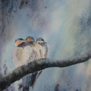 Painting titled "3 hirondelles" by Véronique Le Forestier, Original Artwork, Watercolor