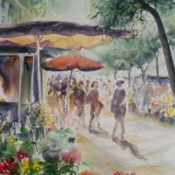 Peinture intitulée "Marché aux fleurs" par Véronique Le Forestier, Œuvre d'art originale