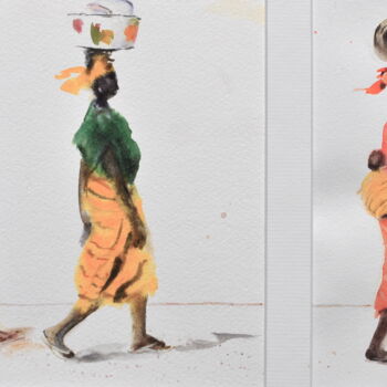 Malarstwo zatytułowany „Africaines en marche” autorstwa Véronique Le Forestier, Oryginalna praca, Akwarela