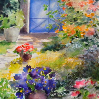 Painting titled "jardin fleuri" by Véronique Le Forestier, Original Artwork, Watercolor