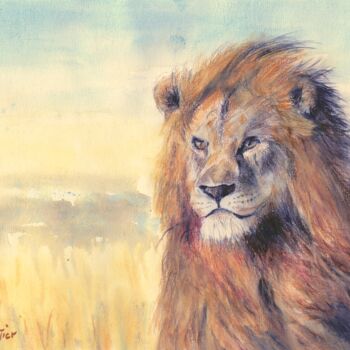 Pintura titulada "lion-dans-la-savane…" por Véronique Le Forestier, Obra de arte original, Acuarela