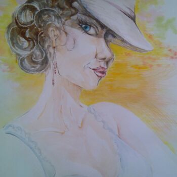 Painting titled "La femme au chapeau" by Véronique Mellado Ange, Original Artwork, Watercolor