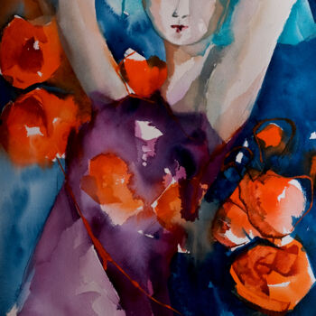 Painting titled "Femme blues 33" by Véronique Piaser-Moyen, Original Artwork, Watercolor Mounted on Cardboard