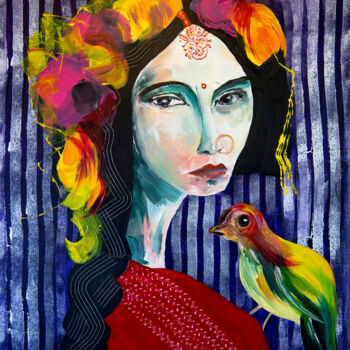 Schilderij getiteld "Parrot fortune tell…" door Véronique Piaser-Moyen, Origineel Kunstwerk, Acryl Gemonteerd op Frame voor…