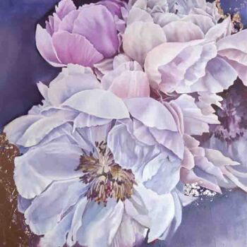 Painting titled "peonies pink and bl…" by Veronique Venessy, Original Artwork, Oil Mounted on Wood Stretcher frame