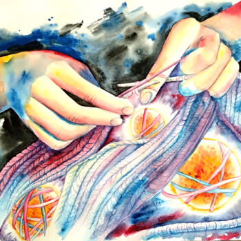 Painting titled "Caring Hands Knit T…" by Veronika Pozdniakova, Original Artwork, Watercolor